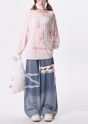 Style Blue Hollow Out Lace Up Denim Straight Pants Spring