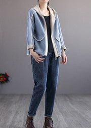 Style Blue Hooded Pockets Patchwork Cotton Coat Spring