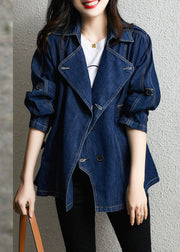 Style Blue Notched Patchwork Button Denim Coats Fall