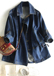 Style Blue Notched Patchwork Button Denim Coats Fall