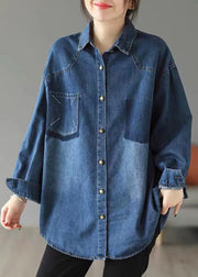 Style Blue Oversized Embroidered Pocket Denim Jackets Spring