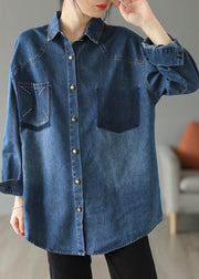 Style Blue Oversized Embroidered Pocket Denim Jackets Spring