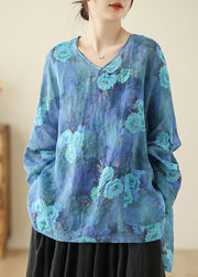 Style Blue Oversized Floral Linen Shirt Tops Spring