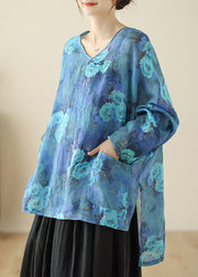 Style Blue Oversized Floral Linen Shirt Tops Spring