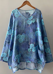 Style Blue Oversized Floral Linen Shirt Tops Spring