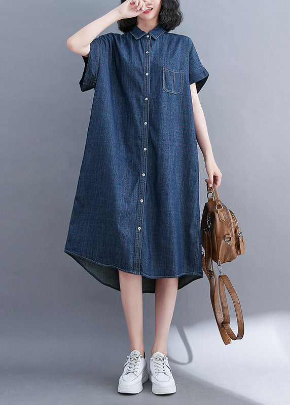 Style Blue Oversized Pocket Cotton Denim Shirt Dress Short Sleeve