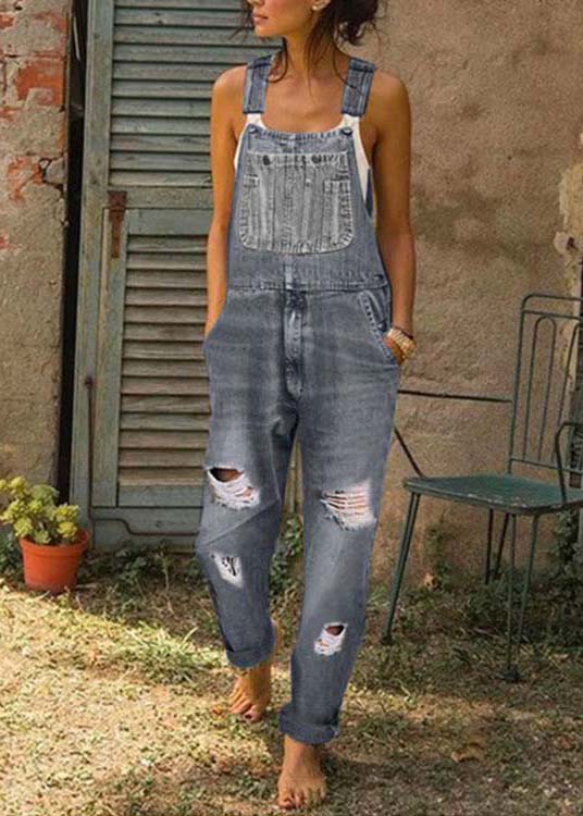 Style Blue Oversized Pockets Denim Ripped Jumpsuit Summer