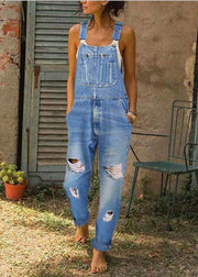 Style Blue Oversized Pockets Denim Ripped Jumpsuit Summer