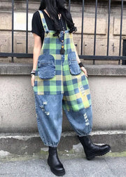 Style Blue Patchwork Plaid Print Denim Spaghetti Strap Jumpsuit Summer