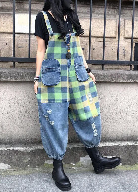 Style Blue Patchwork Plaid Print Denim Spaghetti Strap Jumpsuit Summer