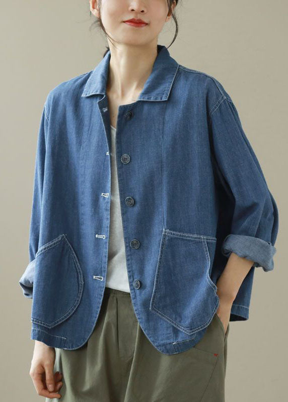 Style Blue Peter Pan Collar Pockets Patchwork Denim Coats Spring