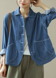 Style Blue Peter Pan Collar Pockets Patchwork Denim Coats Spring