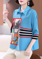 Style Blue Peter Pan Collar Striped Print Shirts Long Sleeve