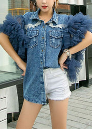 Style Blue Peter Pan Collar Tulle Ruffled Patchwork Denim Shirts Summer