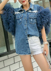 Style Blue Peter Pan Collar Tulle Ruffled Patchwork Denim Shirts Summer