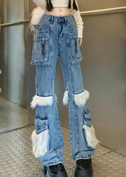 Style Blue Pockets Fuzzy Fur Patchwork Denim Flared Trousers Spring