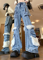 Style Blue Pockets Fuzzy Fur Patchwork Denim Flared Trousers Spring