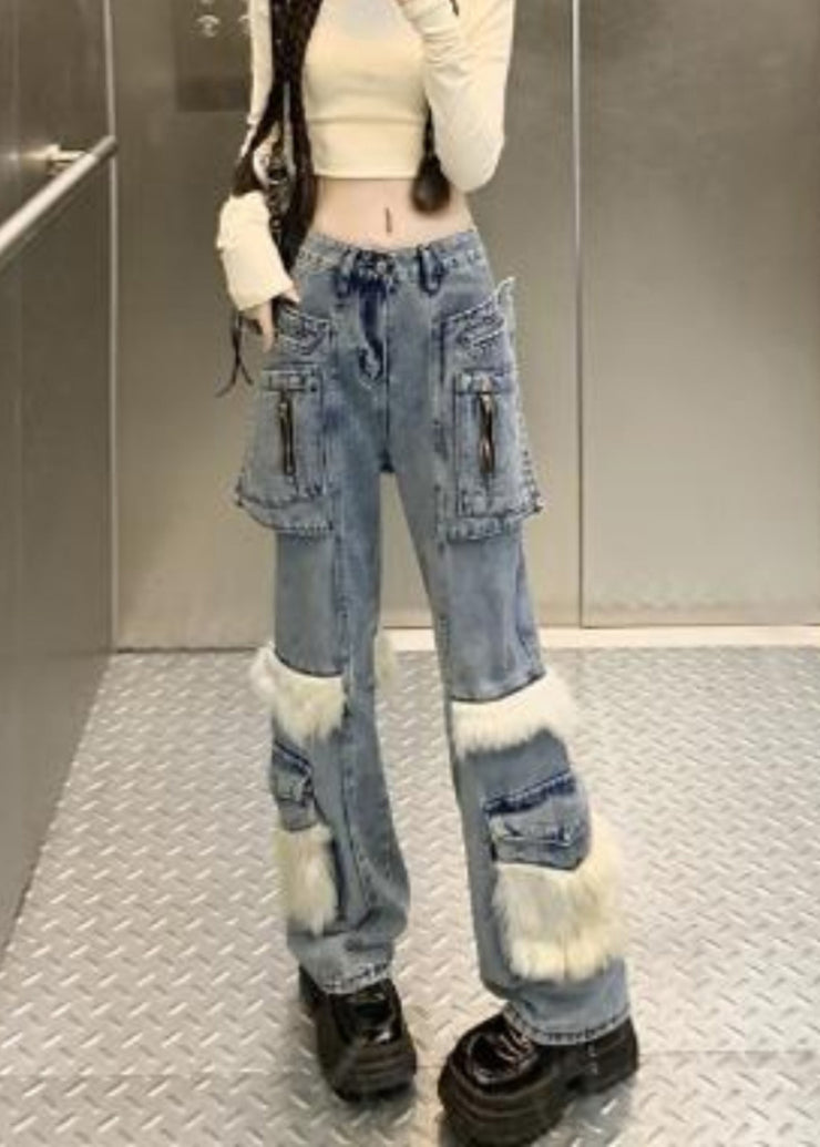 Style Blue Pockets Fuzzy Fur Patchwork Denim Flared Trousers Spring