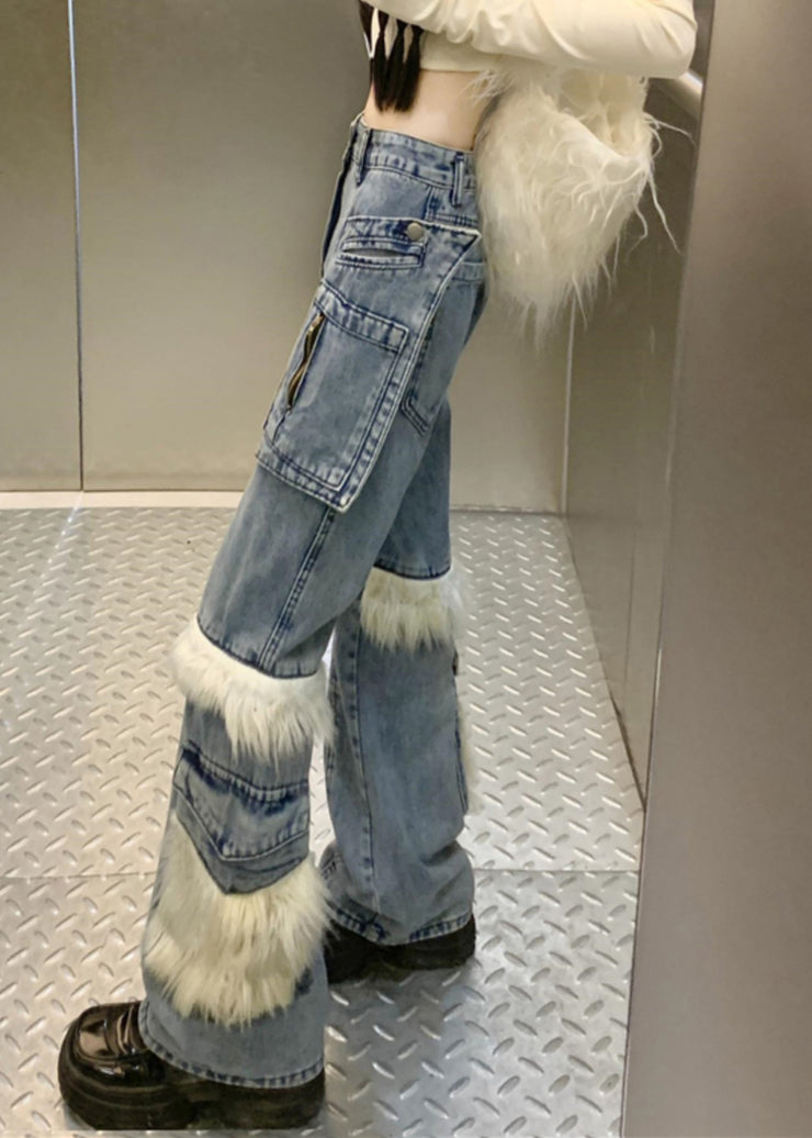 Style Blue Pockets Fuzzy Fur Patchwork Denim Flared Trousers Spring