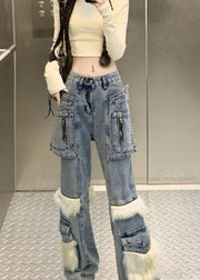 Style Blue Pockets Fuzzy Fur Patchwork Denim Flared Trousers Spring