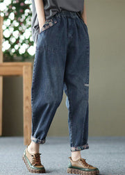 Style Blue Pockets Patchwork Denim Crop Pants Spring