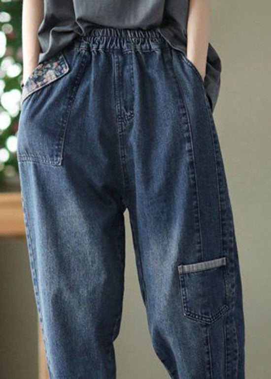 Style Blue Pockets Patchwork Denim Crop Pants Spring