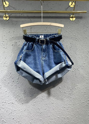 Style Blue Pockets Patchwork Denim Shorts Fall