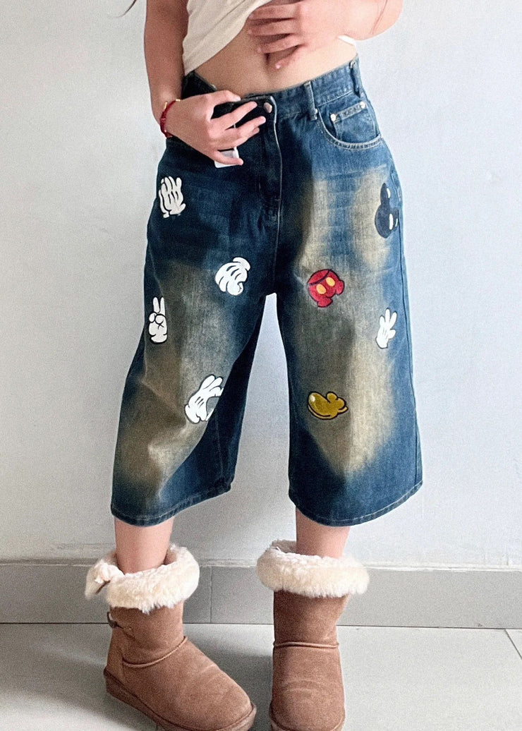 Style Blue Pockets Print Denim Crop Pants Spring