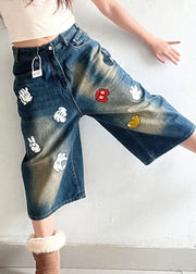 Style Blue Pockets Print Denim Crop Pants Fall