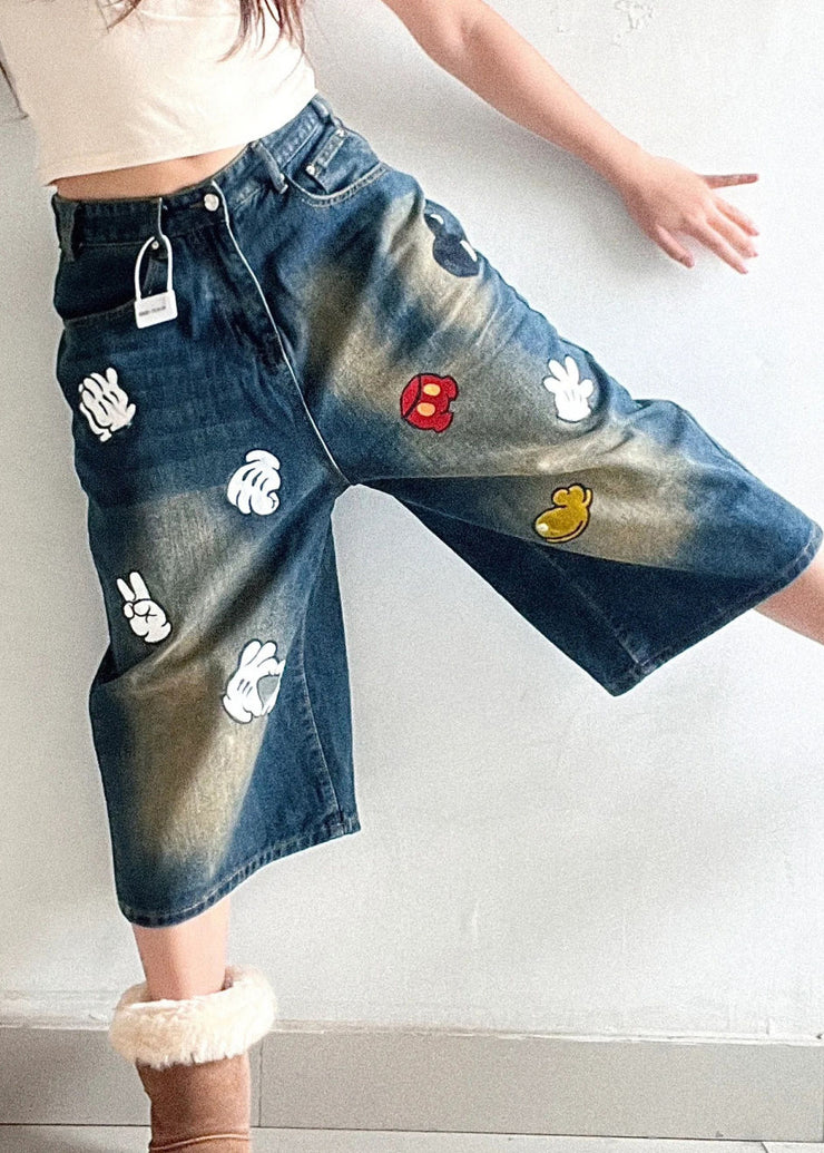 Style Blue Pockets Print Denim Crop Pants Spring