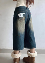 Style Blue Pockets Print Denim Crop Pants Spring