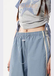 Style Blue Pockets Wrinkled Drawstring Wide Leg Pants Spring