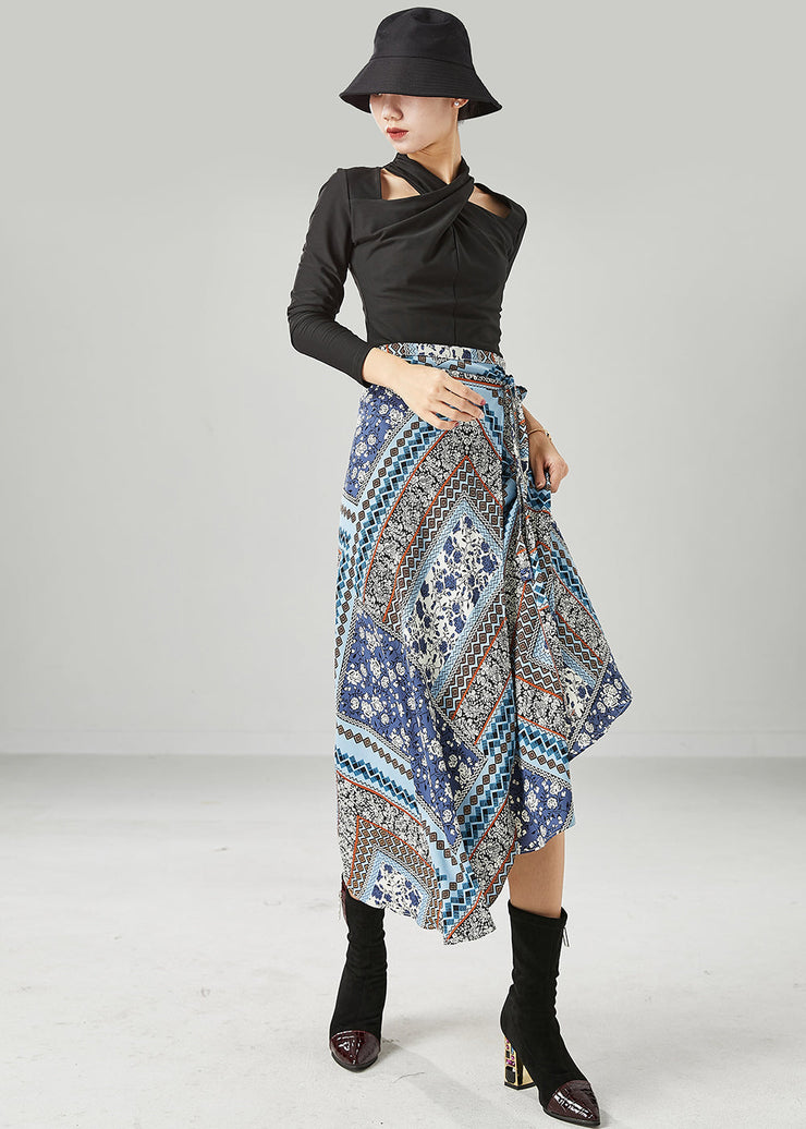 Style Blue Print Asymmetrical Design Chiffon Skirt Summer