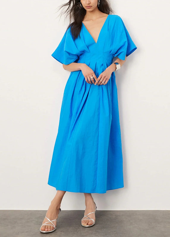 Style Blue Puff Sleeve Wrinkled Cotton Long Dresses