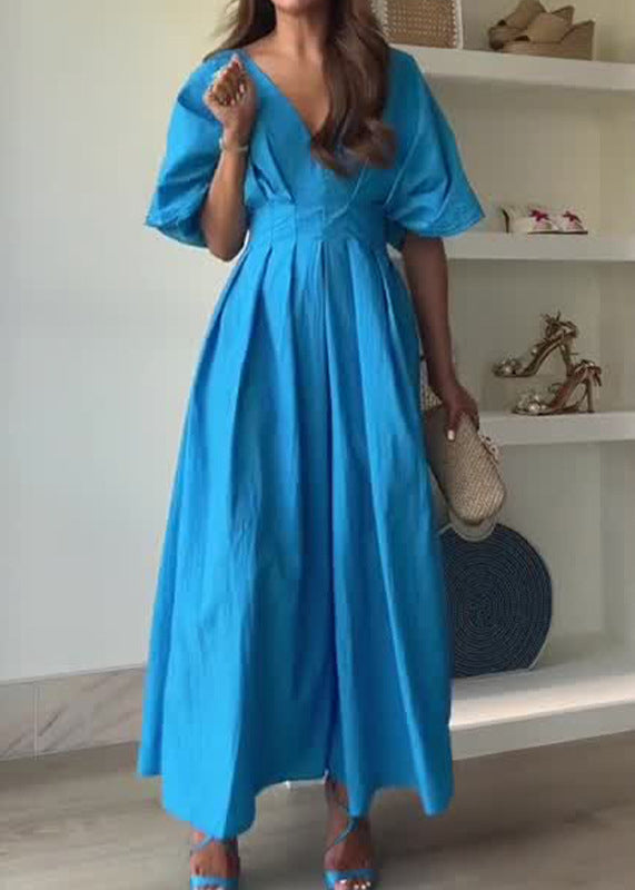 Style Blue Puff Sleeve Wrinkled Cotton Long Dresses