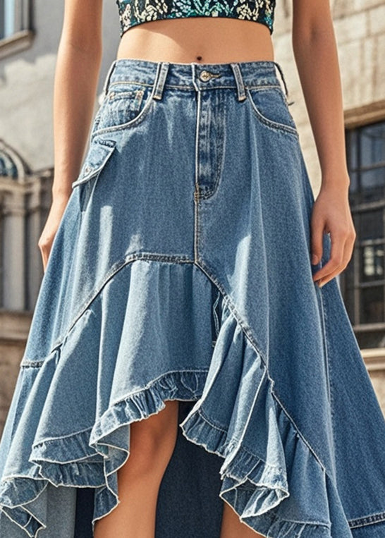 Style Blue Ruffled Exra Large Hem Denim Skirts Spring