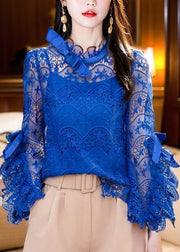 Style Blue Ruffled Hollow Out Lace Shirt Lantern Sleeve