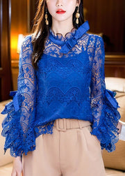 Style Blue Ruffled Hollow Out Lace Shirt Lantern Sleeve