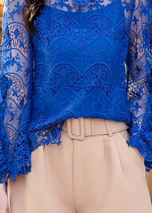 Style Blue Ruffled Hollow Out Lace Shirt Lantern Sleeve