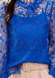 Style Blue Ruffled Hollow Out Lace Shirt Lantern Sleeve