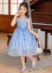 Style Blue Ruffled Patchwork Nail Bead Tulle Girls Long Dress Summer