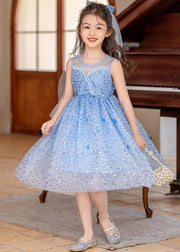 Style Blue Ruffled Patchwork Nail Bead Tulle Girls Long Dress Summer