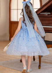 Style Blue Ruffled Patchwork Nail Bead Tulle Girls Long Dress Summer