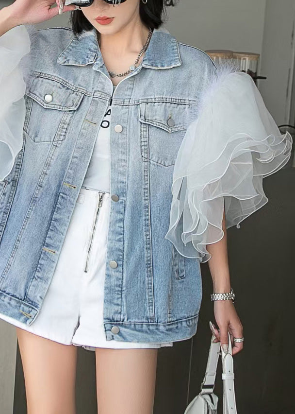 Style Blue Ruffled Tulle Patchwork Button Coats Short Sleeve