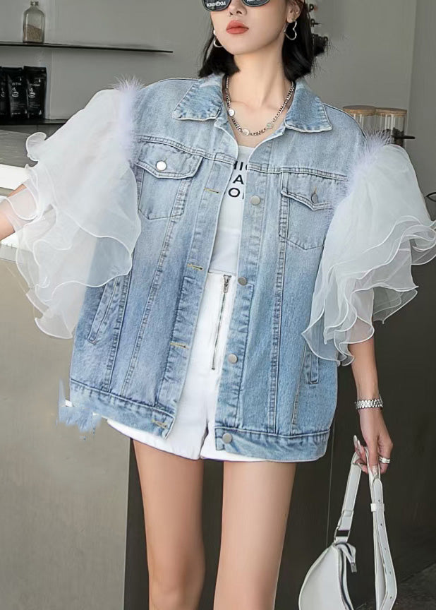 Style Blue Ruffled Tulle Patchwork Button Coats Short Sleeve