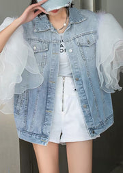 Style Blue Ruffled Tulle Patchwork Button Coats Short Sleeve