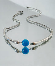 Style Blue Stainless Steel Round Bead Pendant Necklace