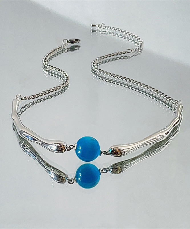 Style Blue Stainless Steel Round Bead Pendant Necklace