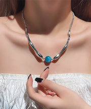 Style Blue Stainless Steel Round Bead Pendant Necklace