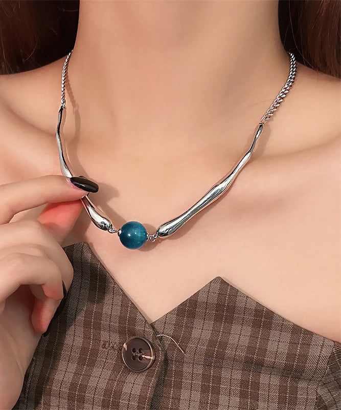 Style Blue Stainless Steel Round Bead Pendant Necklace